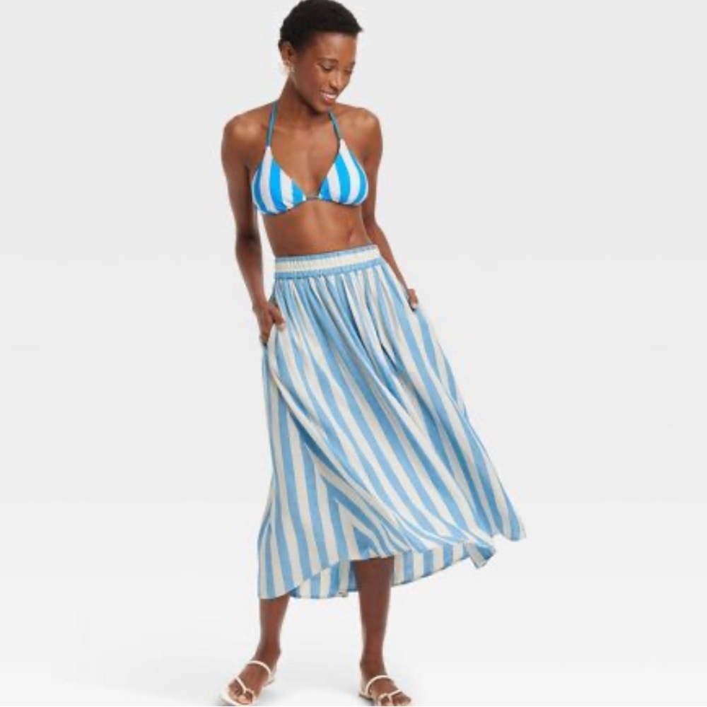 NWT  A New Day Blue Linen Blend Striped Pocket Elastic Skirt Size Large